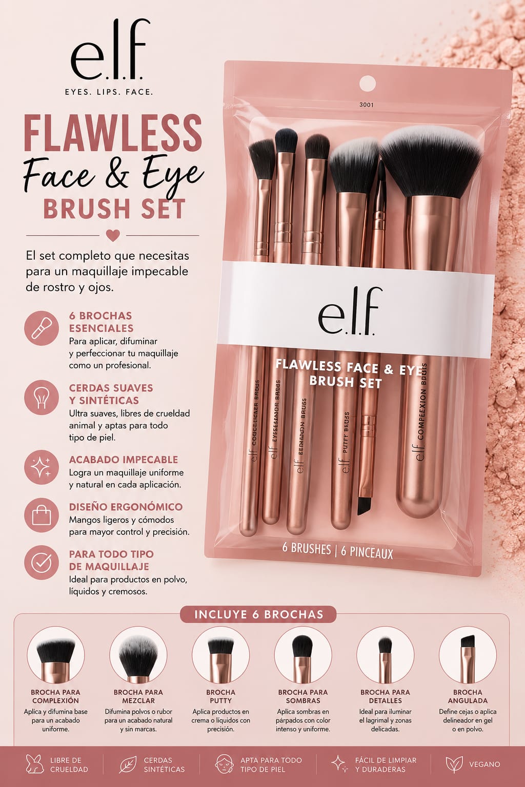 e.l.f. Flawless Face &amp; Eye Brush Set – Set de 6 Brochas para Rostro y Ojos