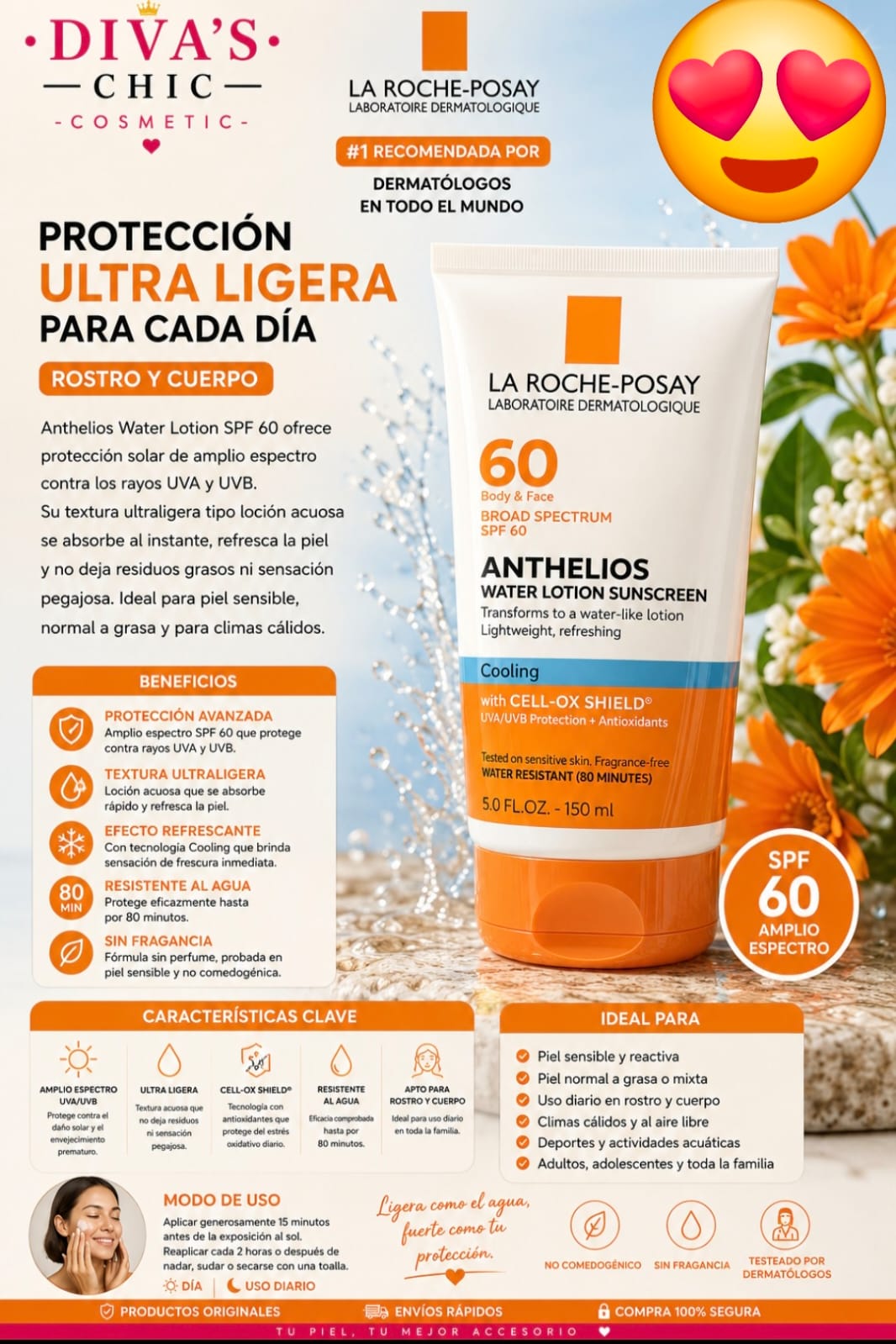 ✨🧡 La Roche-Posay Anthelios Water Lotion SPF 60 – Protección ultraligera para rostro y cuerpo ☀️💦