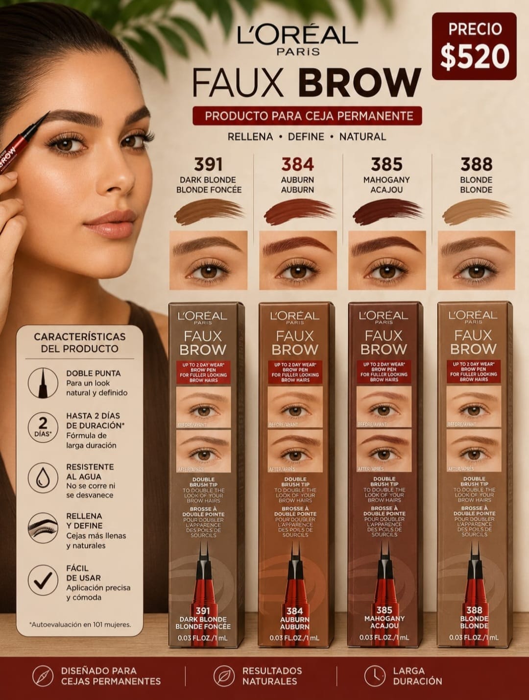 L'Oréal Paris Faux Brow – Plumón para Cejas de Larga Duración-KIT 4 PZ