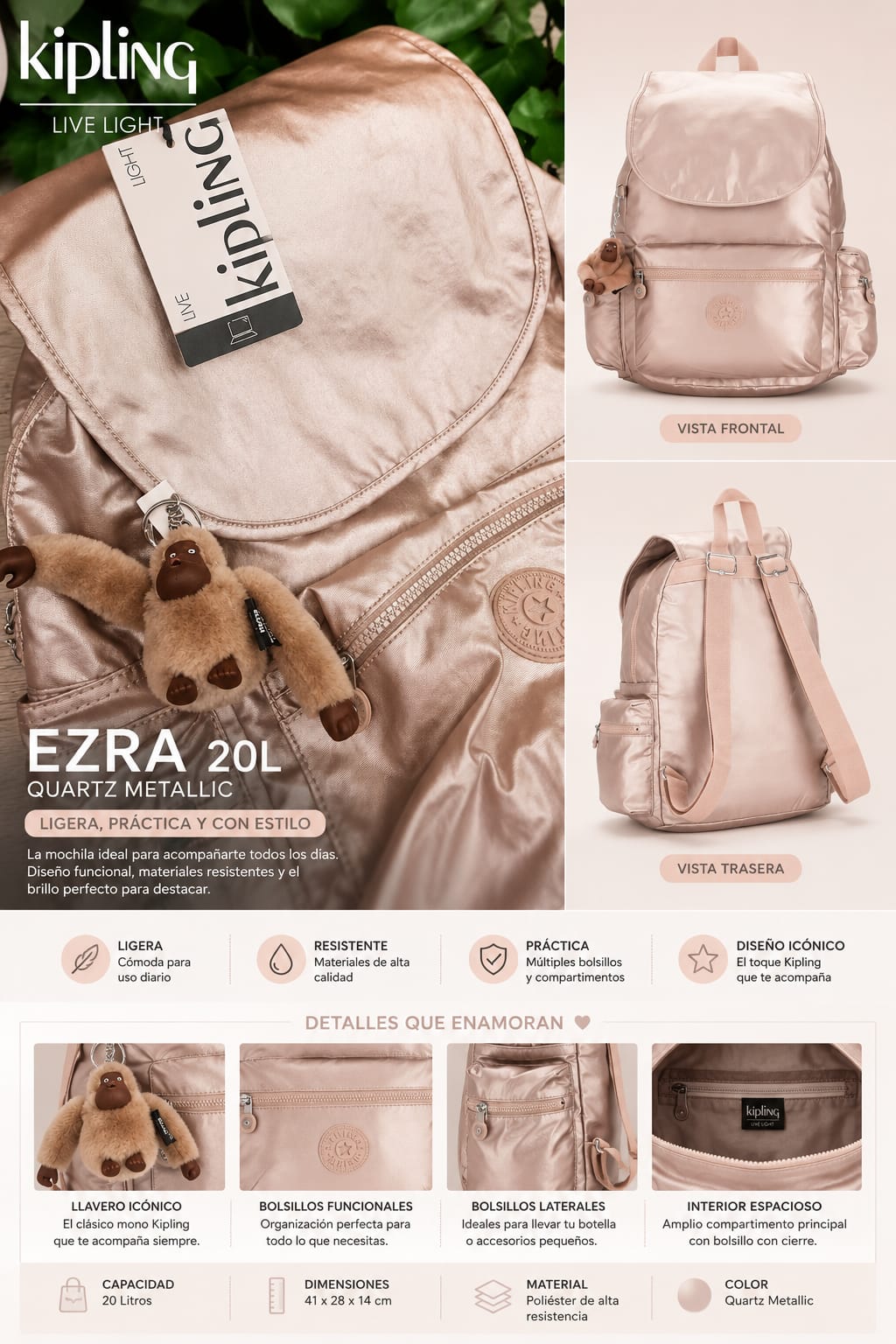 Mochila Kipling Ezra 20L Quartz Metallic