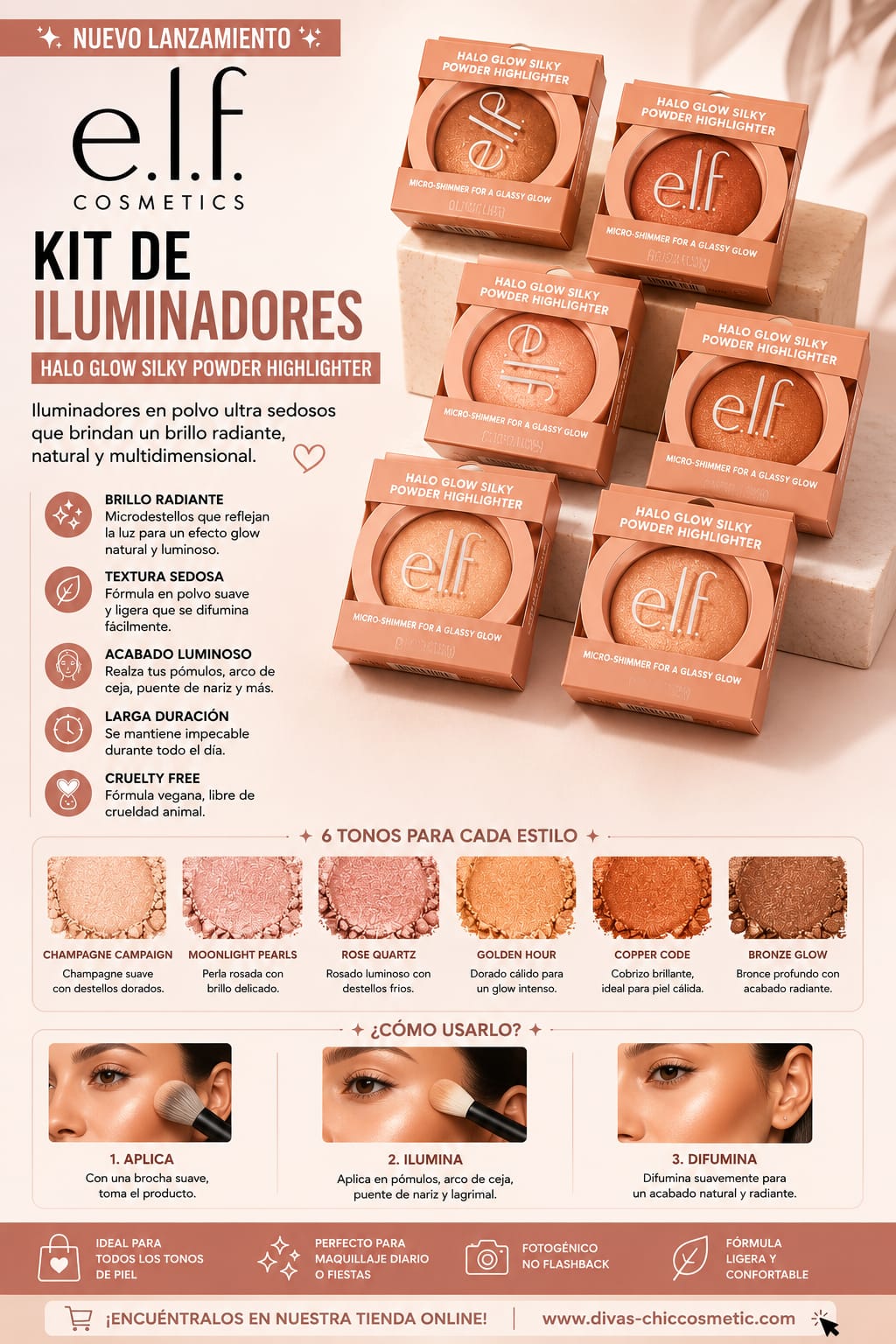 ✨ Kit de Iluminadores e.l.f. Halo Glow Silky Powder Highlighter ✨- KIT 5 PZ