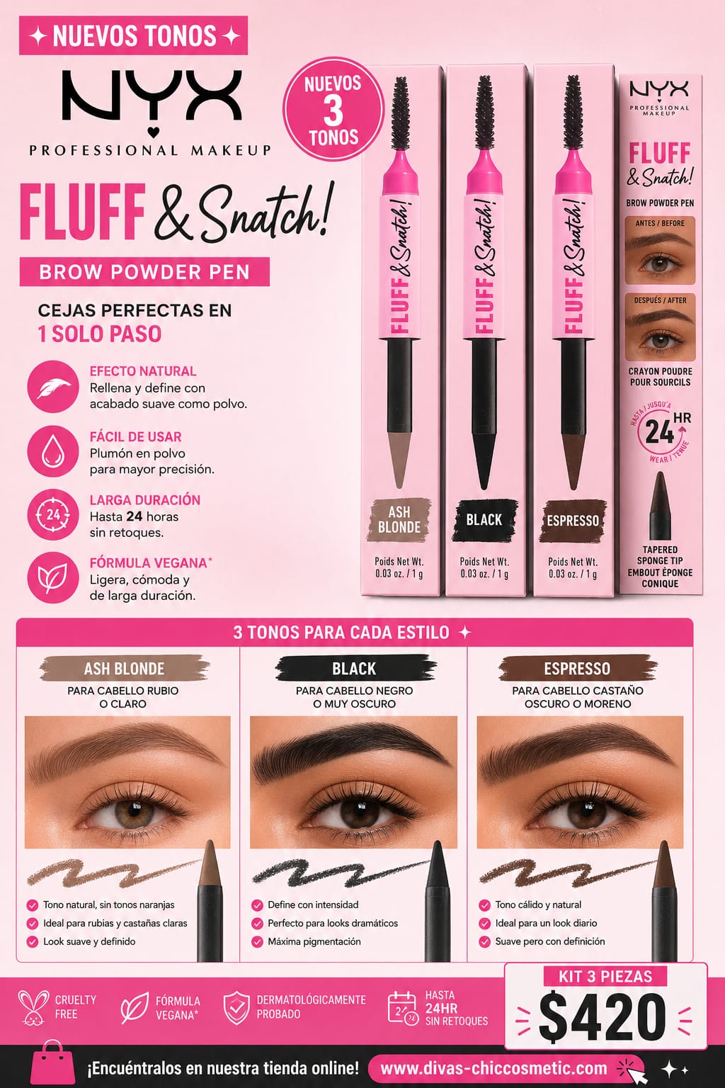 NYX Fluff & Snatch! Brow Powder Pen - KIT 3 PZ