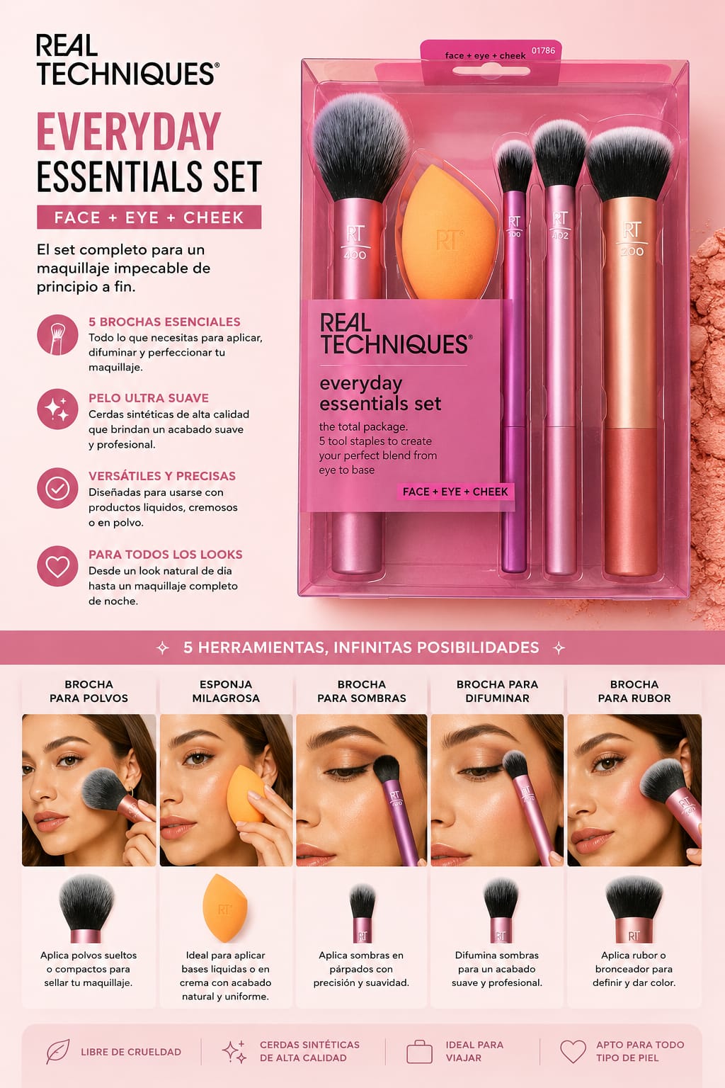 Real Techniques Everyday Essentials Set – Kit de Brochas + Esponja