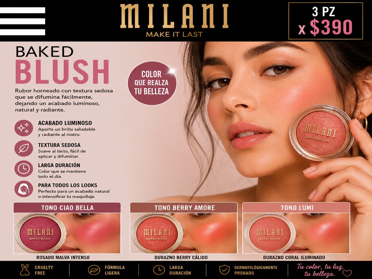🌸✨ Milani Baked Blush - KIT 3 PZ