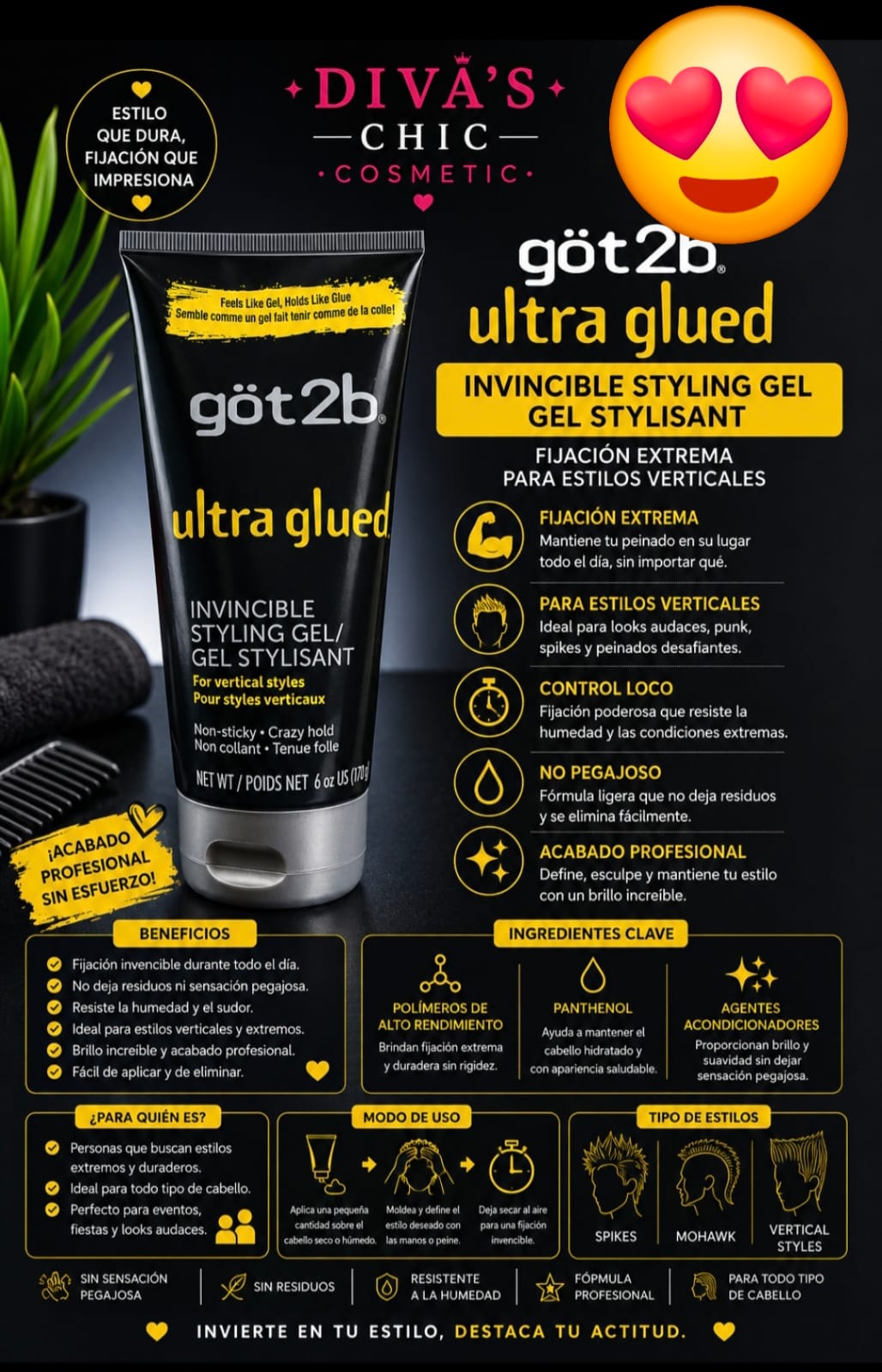 ✨🖤 got2b Ultra Glued Invincible Styling Gel – Fijación extrema que dura todo el día 💛