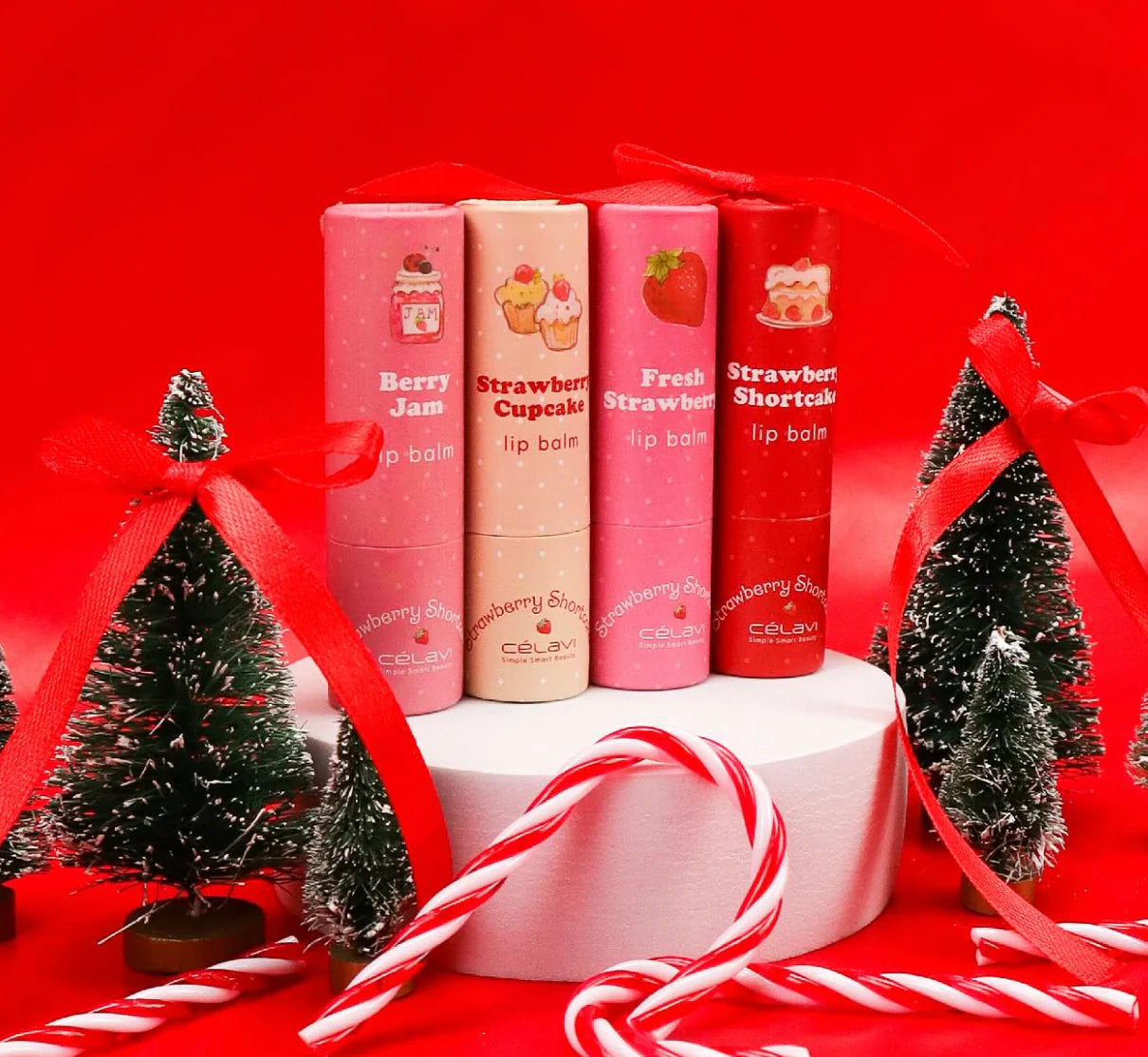 Red Velvet Holiday Rosita Fresita Strawberry Shortcake lip balm trio Lip balm - Celavi