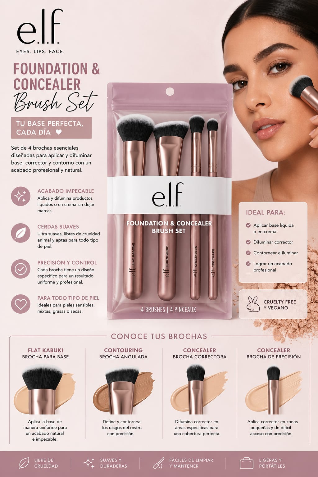 e.l.f. Foundation &amp; Concealer Brush Set – Set de 4 Brochas para Base y Corrector
